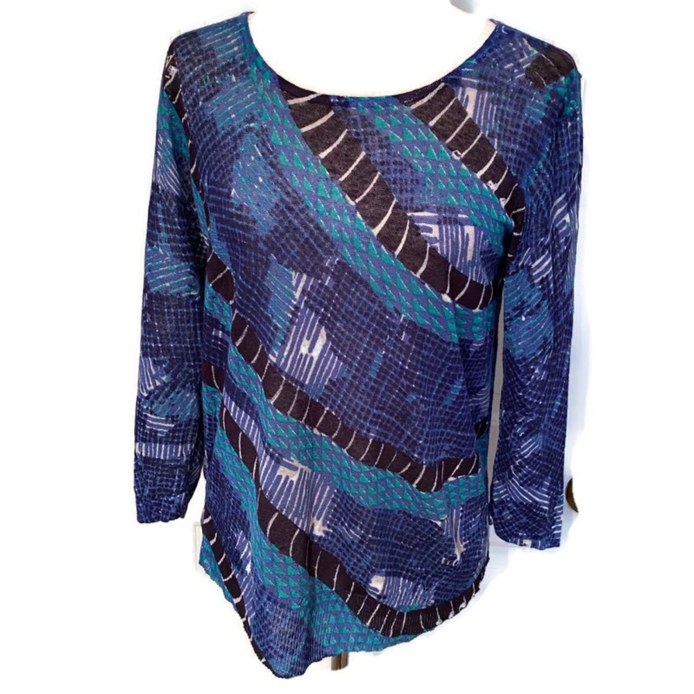NIC + ZOE TOP KNIT BLUE WHITE ROUND NECK Size PS PETITE